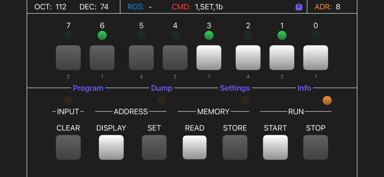 Главный экран приложения - адаптированная передняя панель Kenbak-1